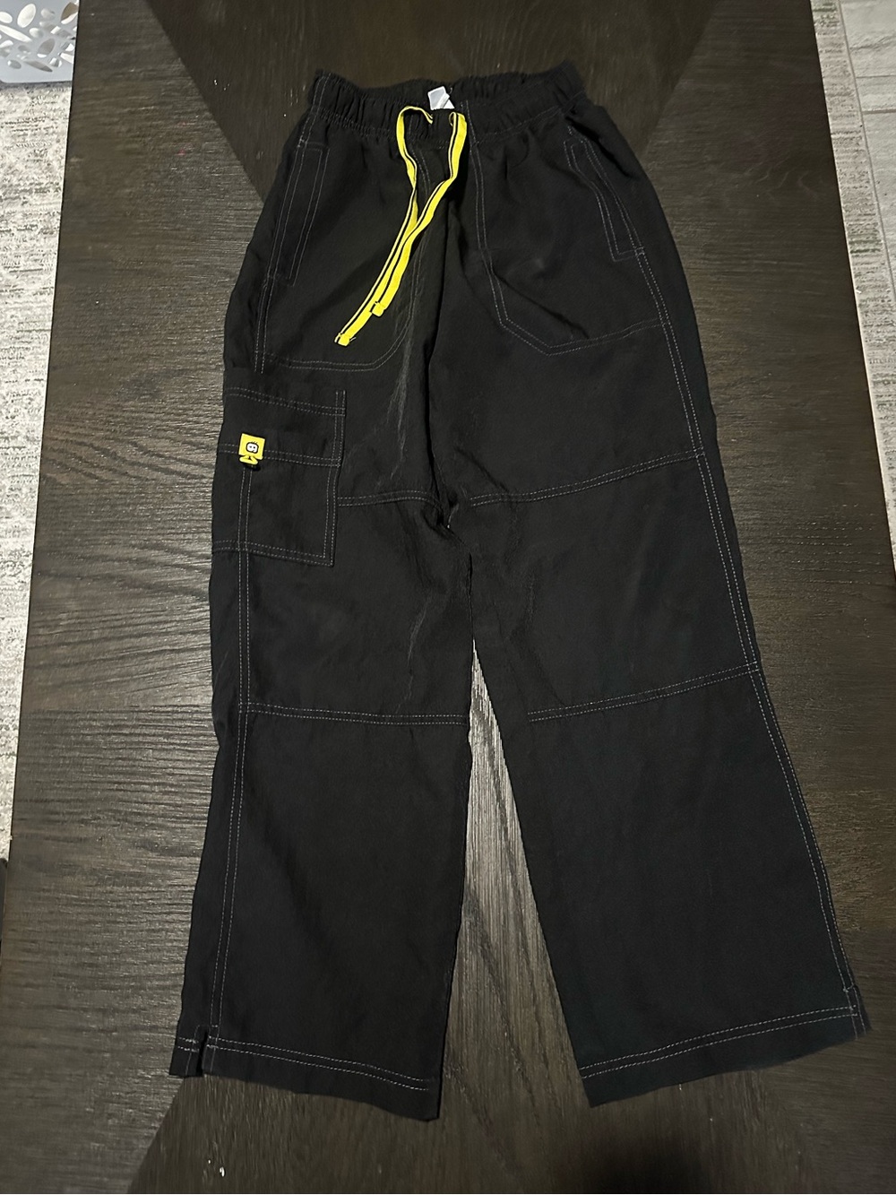 Black Wide-Leg Cargo Trousers with Yellow Drawcord